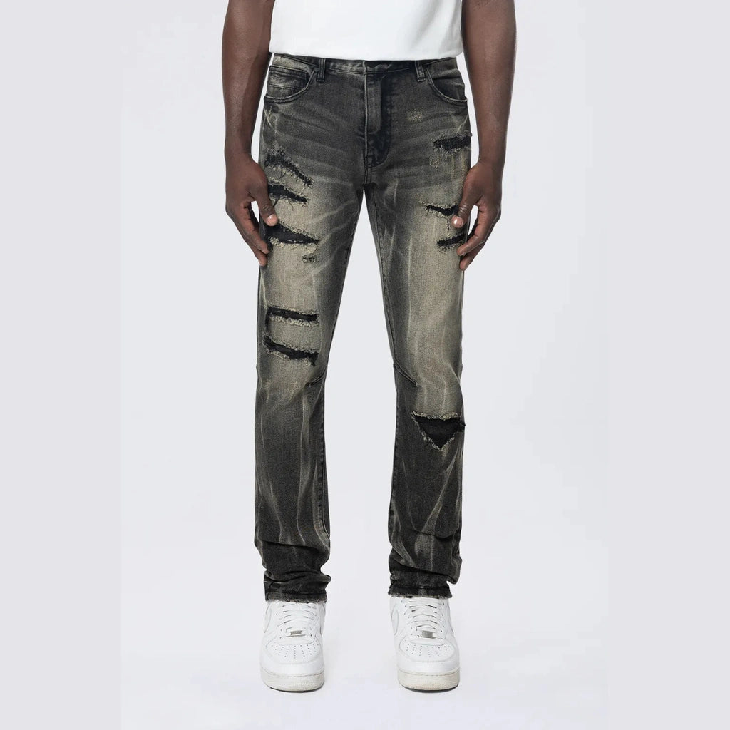 Modern Men's JeansSlim Rip & Repair Vertical Lightning Effect Jeans - Black Dust