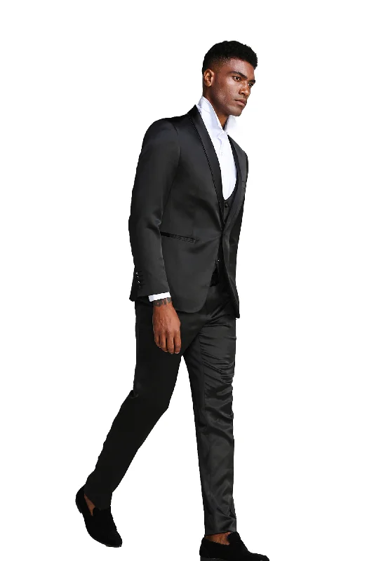 Apex Collection: Men's 3-Piece Suit With Shawl Collar In Black - Slim Fit