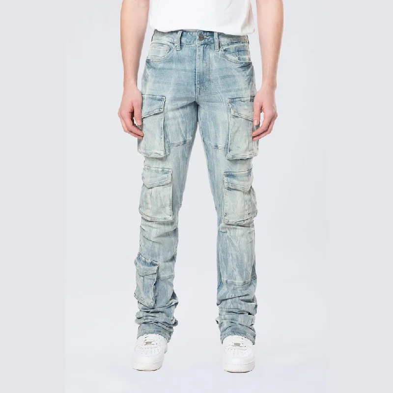 Jeans for Men with a Athletic BuildStacked Flared Multi Pocket Cargo Jeans - Syosett Blue