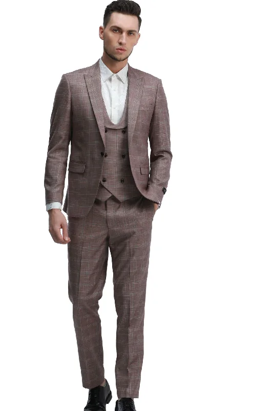 Essence Collection: Windowpane 3-Piece Slim Fit Suit For Men In Rose