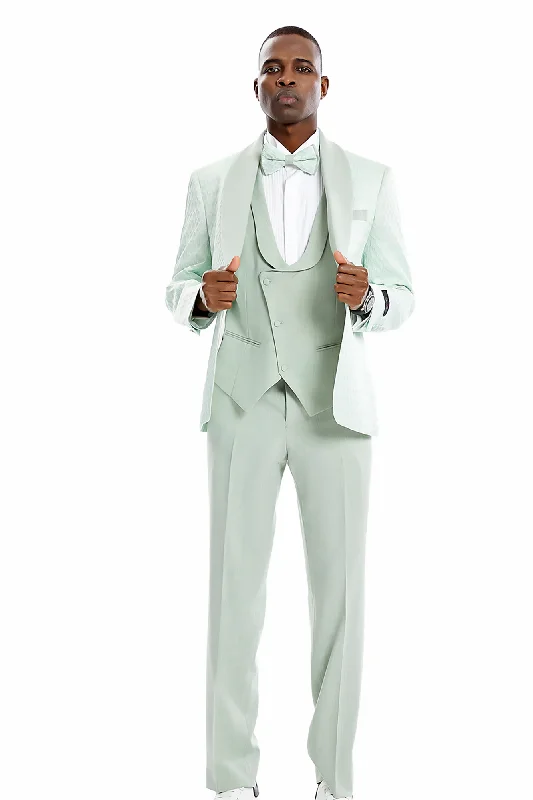 Contours Collection: 3-Piece Honeycomb Pattern Slim Fit Tuxedo In Mint