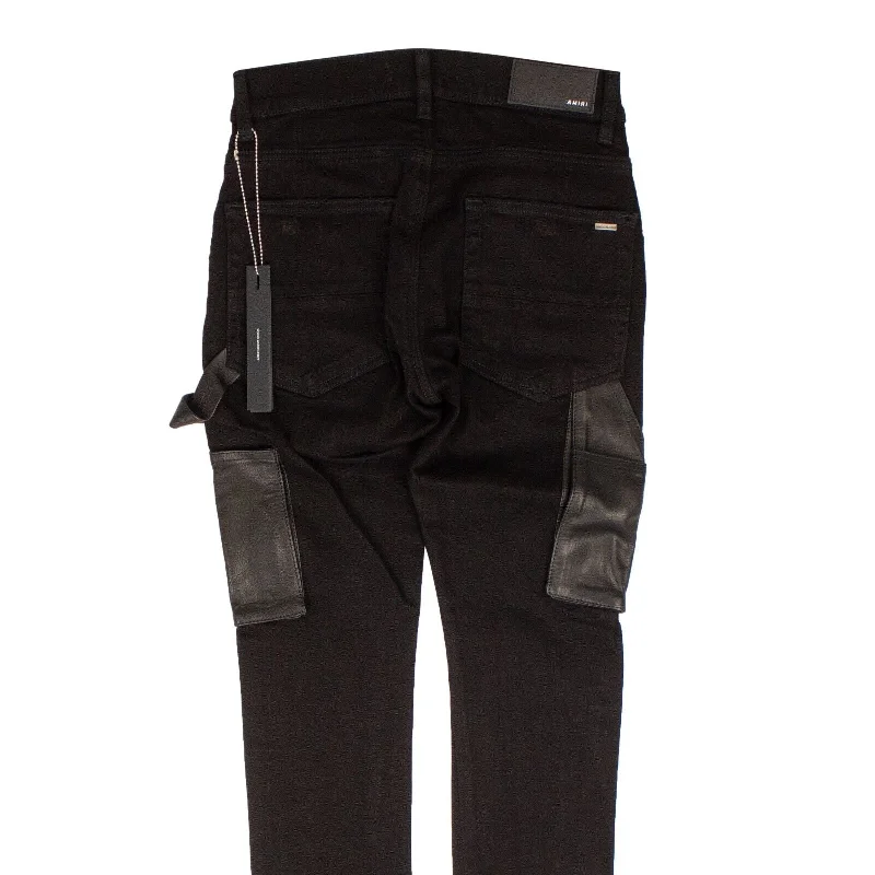 Men's Jeans with EmbroideryBlack Denim Leather Workman Pants