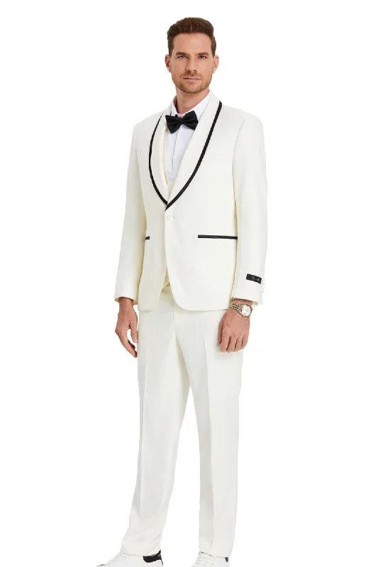 Tranquility Collection: Men's Birdseye 3-Piece Suit In Off White - Slim Fit