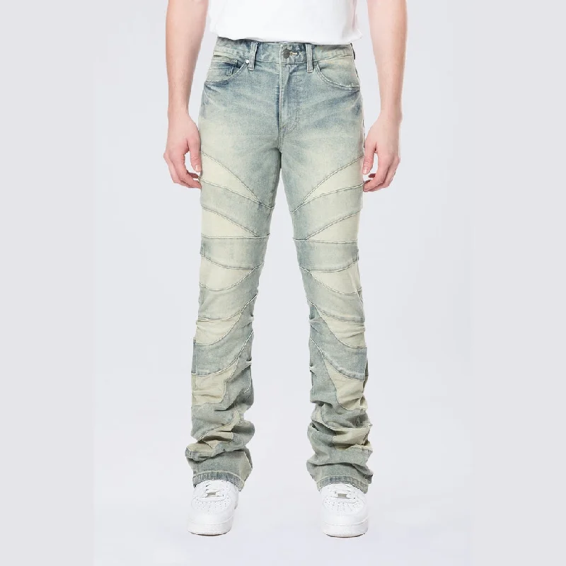 Premium Men's JeansStacked Flared Pinched Half-Moon Insert Pieced Jeans - Industrial Blue