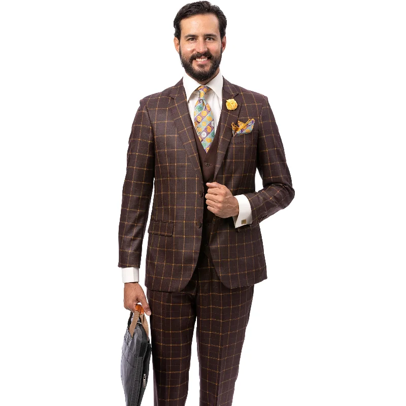 Refined Elegance Brown Plaid Three-Piece Suit