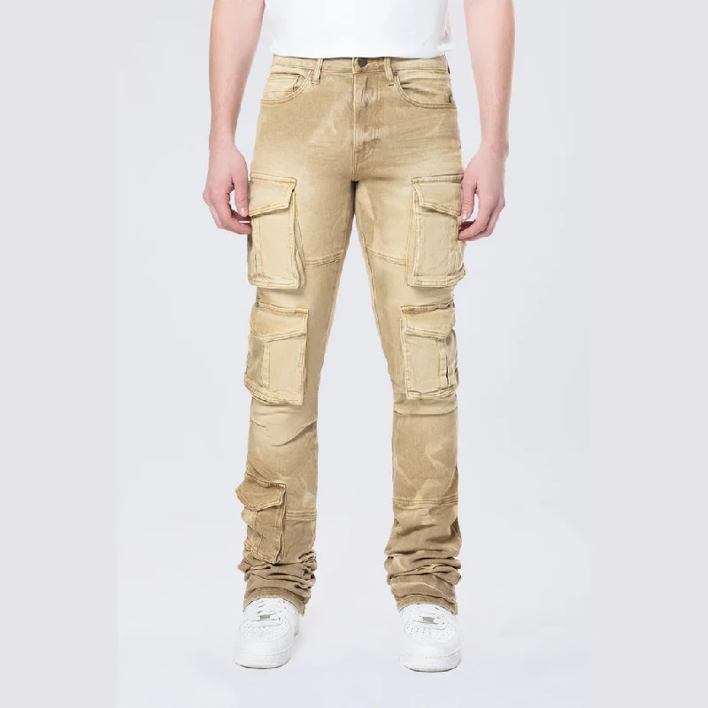 Men's Jeans with Functional PocketsStacked Flared Multi Pocket Cargo Jeans - Brulee