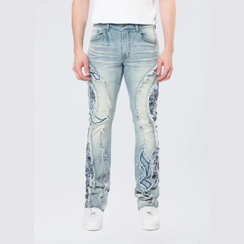 Men's Jeans for a Dressy OccasionStacked Pinched Flared Tapestry Paneled Jeans - Montauk Blue