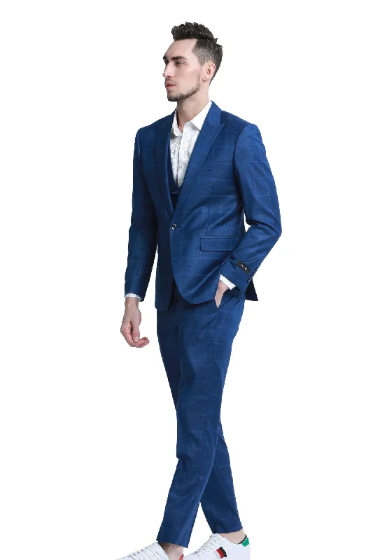 Essence Collection: Windowpane 3-Piece Slim Fit Suit For Men In Blue