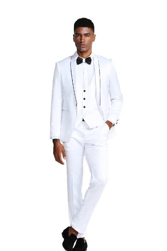 Apex Collection: Men's 3-Piece Suit With Shawl Collar In White/Black - Slim Fit