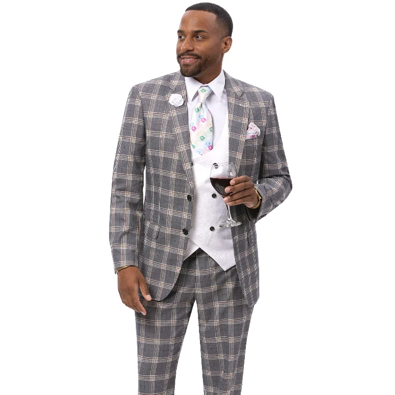 Elegant Gray Plaid 3-Piece Suit with Double-Breasted Vest