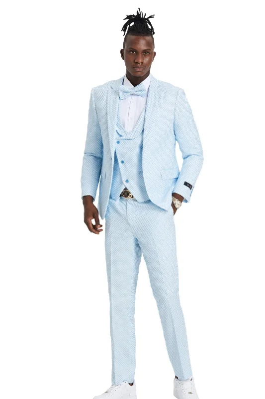 Whimsical Collection: Men's Polka-Dot 3-Piece Suit In Sky Blue - Slim Fit