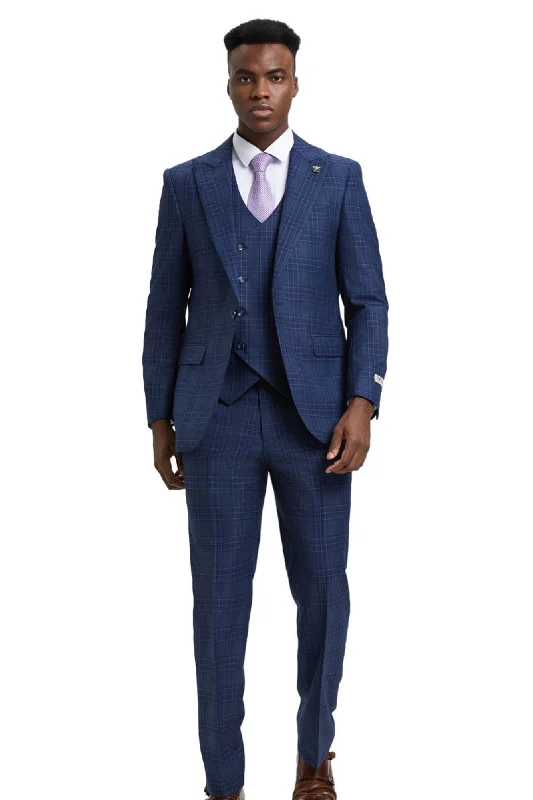 Nouvefy Collection: 3 Piece Plaid Hybrid Fit Suit In Blue For Men