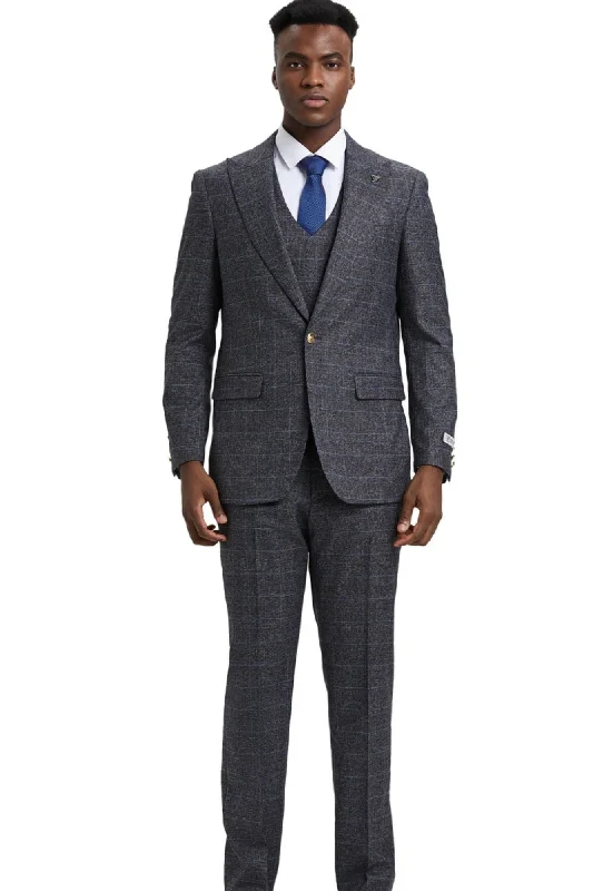 LavishLoom Collection: Men's Windowpane 3-Piece Hybrid Fit Suit In Dark Grey