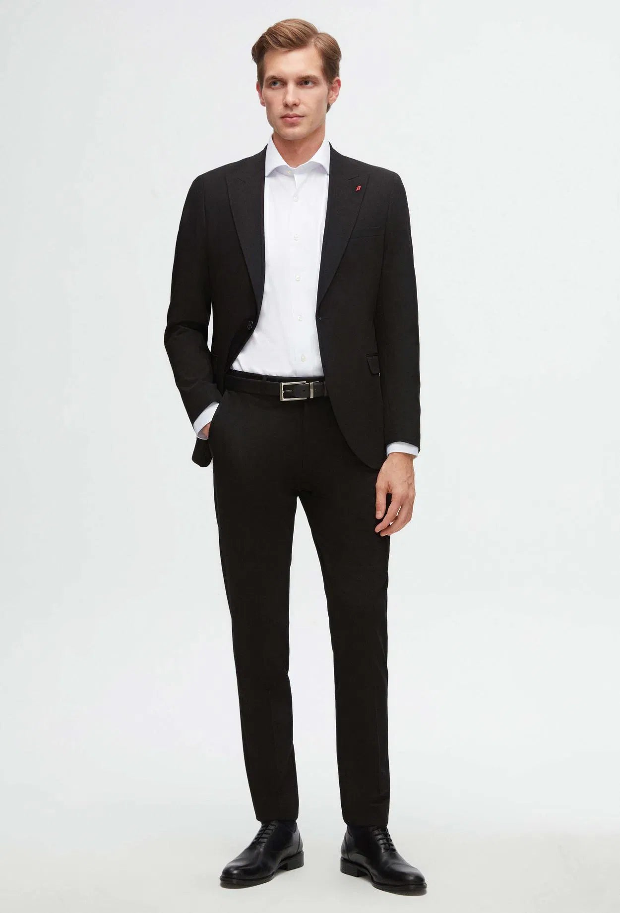 Twn Slim Fit Black Plain Pointed Collar Viscose Suit