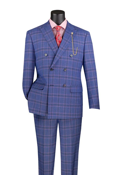 Luxelito Collection: Blue 2 Piece Glen Plaid Double Breasted Modern Fit Suit