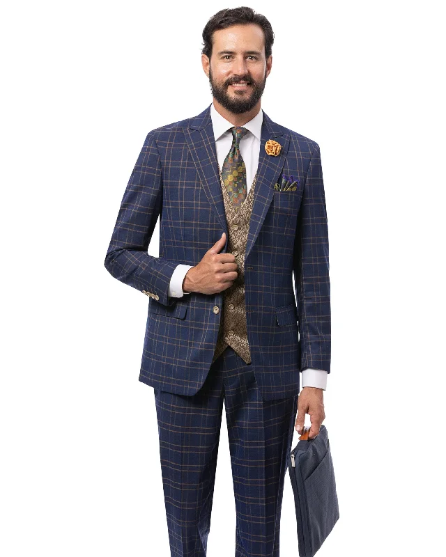 Stately Blue Plaid Single-Breasted 3-Piece Suit with Fancy Vest