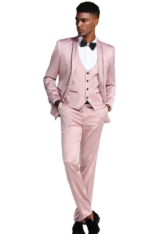 Apex Collection: Men's 3-Piece Suit With Shawl Collar In Rose/Black - Slim Fit