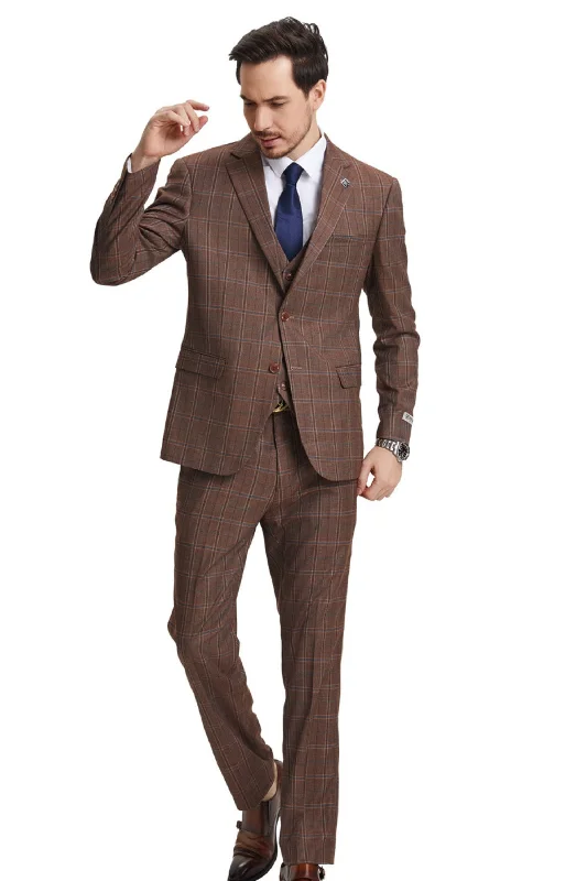 MageMode Collection: Men's 3-Piece Brown Plaid Suit With Hybrid Fit Jacket