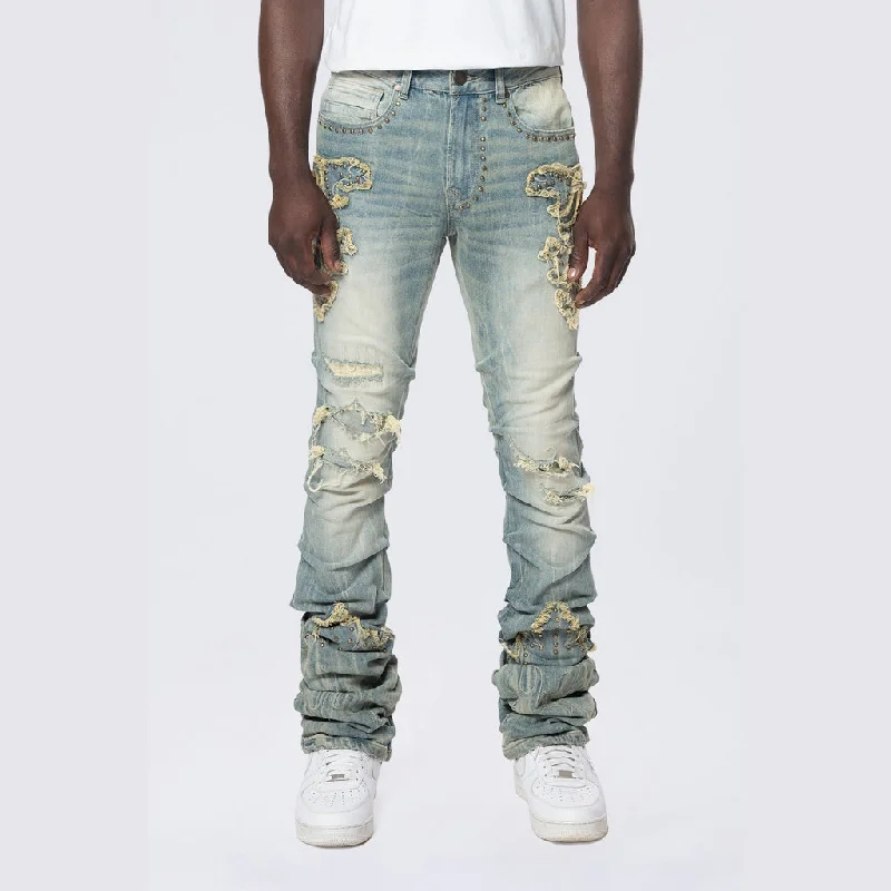 Men's Jeans with Elastic WaistbandsLazy Stacked Western Studded Jeans - Milky Blue