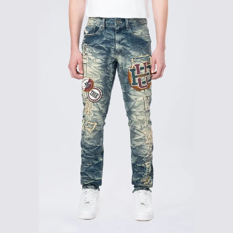 Cool Distressed Men's JeansSlim Varsity Patch Jeans - Alley Blue