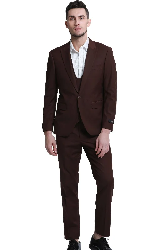 Noble Collection: Men's 3-Piece Slim Fit Solid Suit In Brown