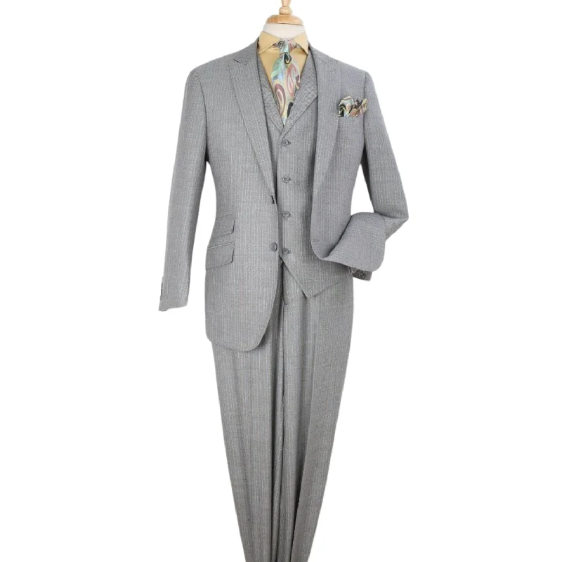 Grey Herringbone High Fashion 3-Piece Wool Suit with Peak Lapel and Vest