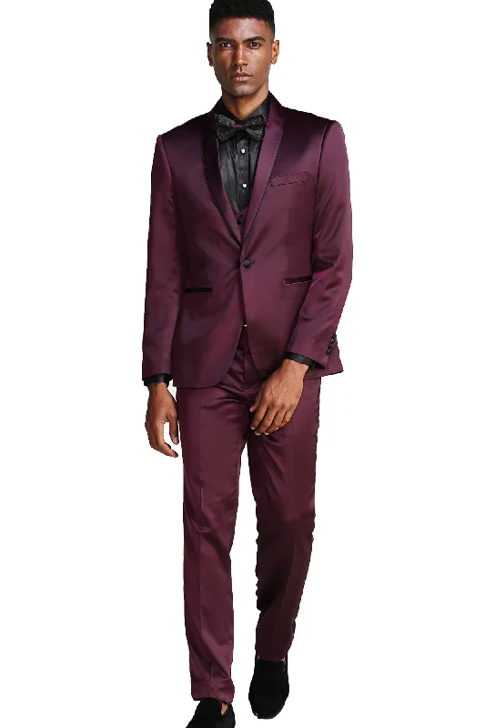 Apex Collection: Men's 3-Piece Suit With Shawl Collar In Burgundy/Black - Slim Fit