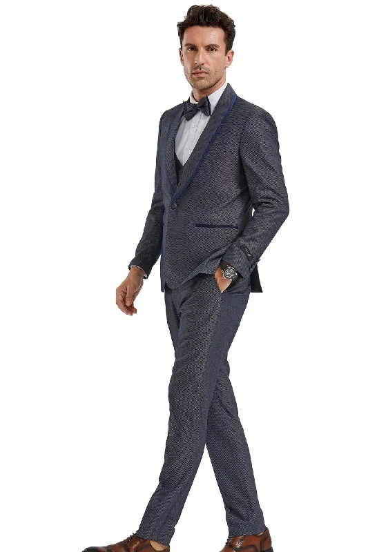 Tranquility Collection: Men's Birdseye 3-Piece Suit In Grey/Navy - Slim Fit