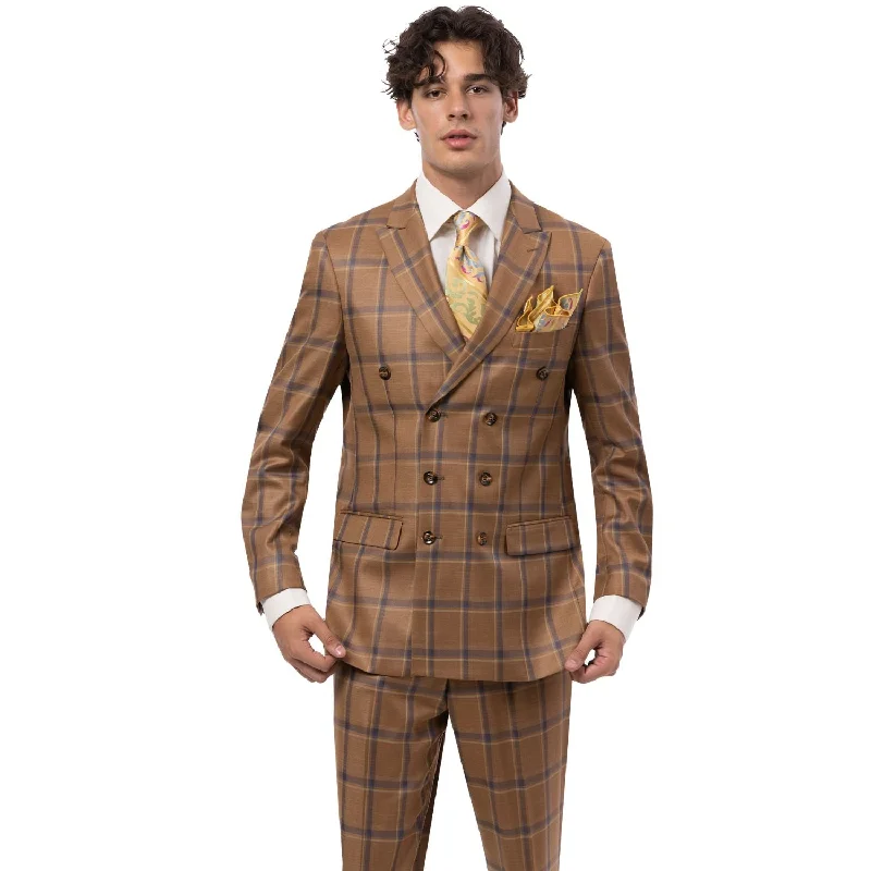 Men's Double-Breasted Checkered Suit In Gold