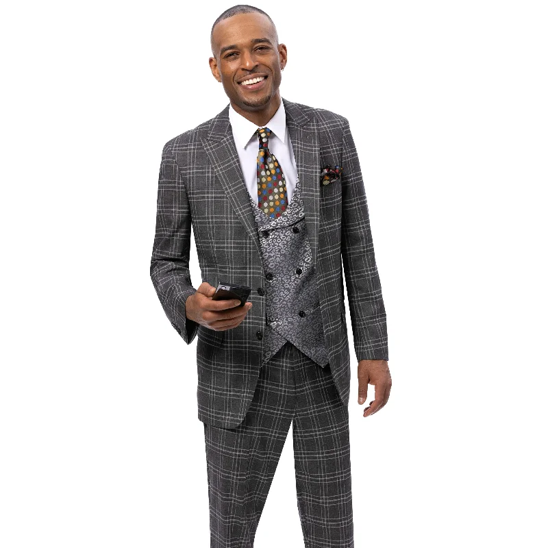 Charisma Grey Plaid Three-Piece Suit with Double-Breasted Vest