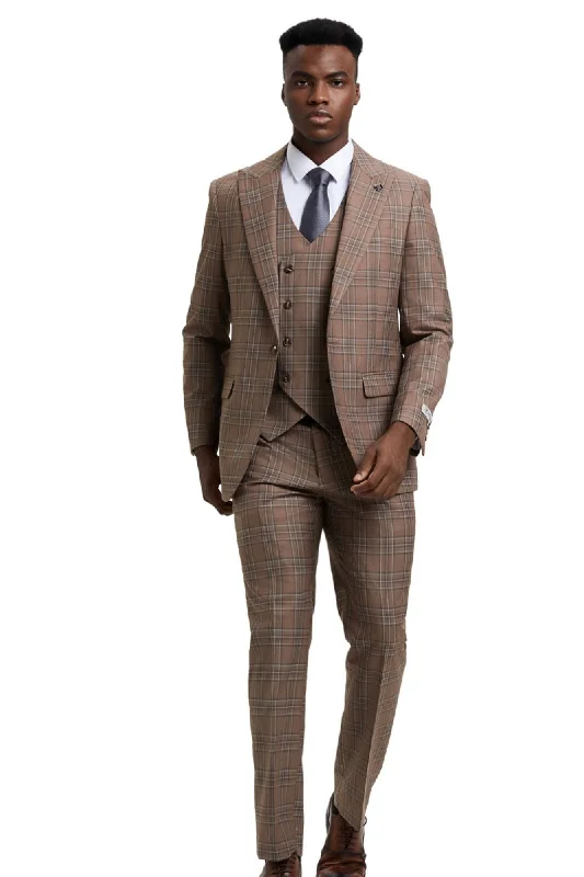 Nouvefy Collection: 3 Piece Plaid Hybrid Fit Suit In Brown For Men