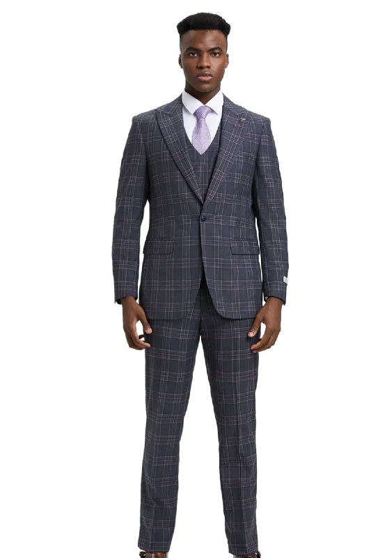 Nouvefy Collection: 3 Piece Plaid Hybrid Fit Suit In Charcoal For Men