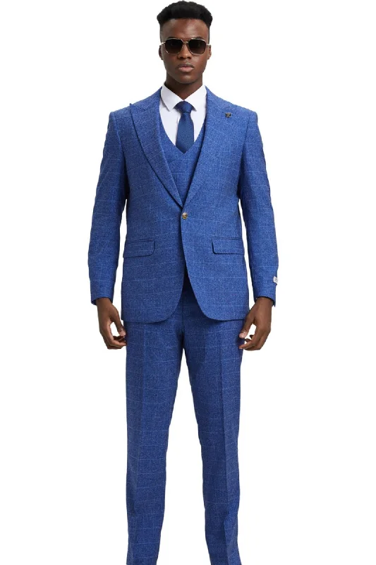 LavishLoom Collection: Men's Windowpane 3-Piece Hybrid Fit Suit In Blue