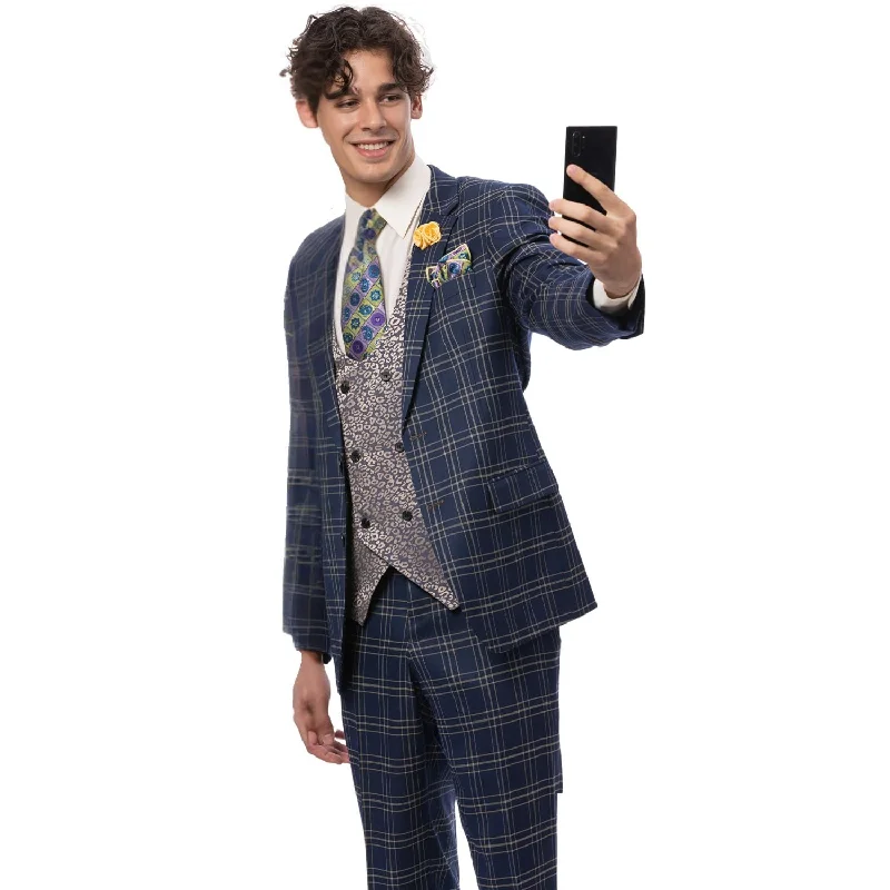 Men's Navy Blue Plaid Double-Breasted Suit