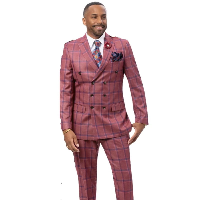 Men's Wine Plaid Double-Breasted Suit