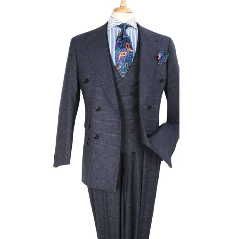 Grey Windowpane 100% Wool High Fashion Three-Piece Suit with Vest