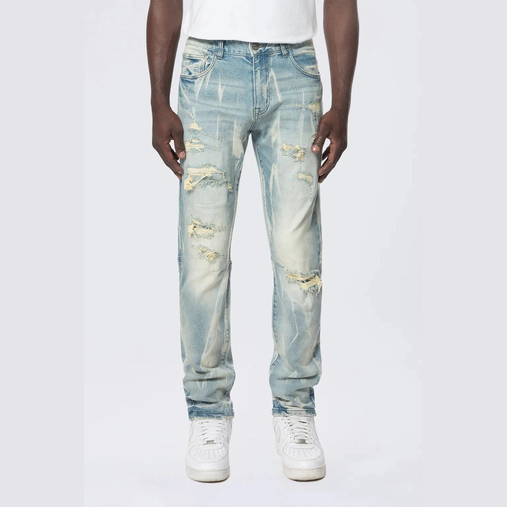 Men's Jeans with a Distressed LookSlim Rip & Repair Vertical Lightning Effect Jeans - Seymour Blue