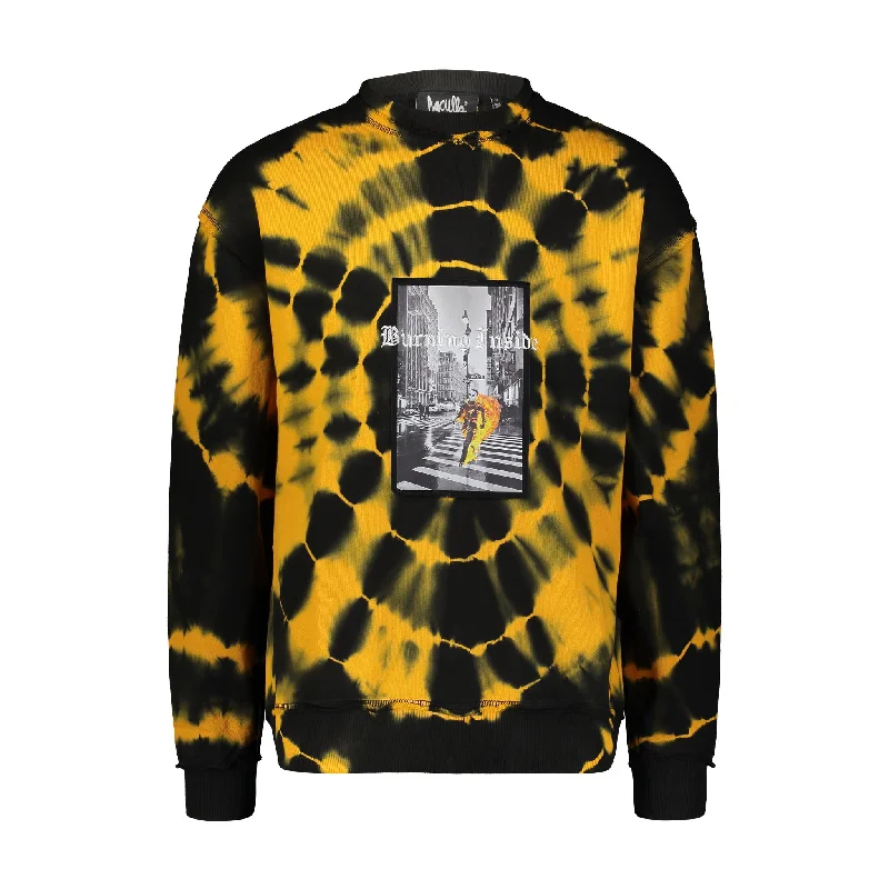 Men's Shirts with Embellished HemlinesBURNING CREWNECK BLACK/ORANGE CIRCLE TIE DYE