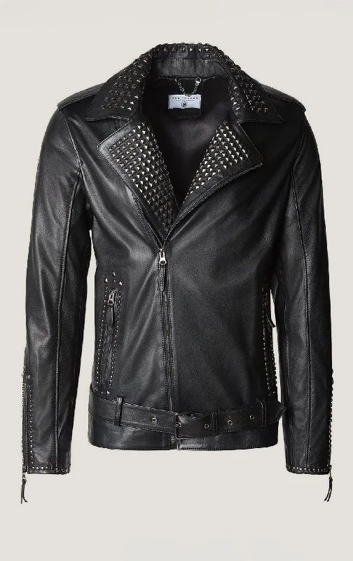 Men's Coats Made in ItalyStudded Lambskin Leather Jacket - Black Falcon