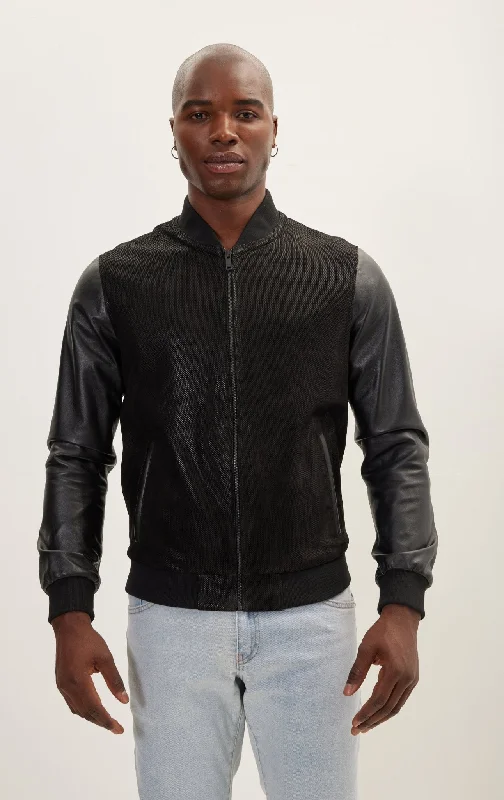 Unique Men's Flight JacketsMix Media Leather Classic Zip-Up Jacket - Black