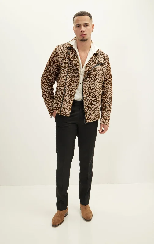 Men's Coats for Big and TallCalf Hide Asymmetric Leather Jacket - Cheetah