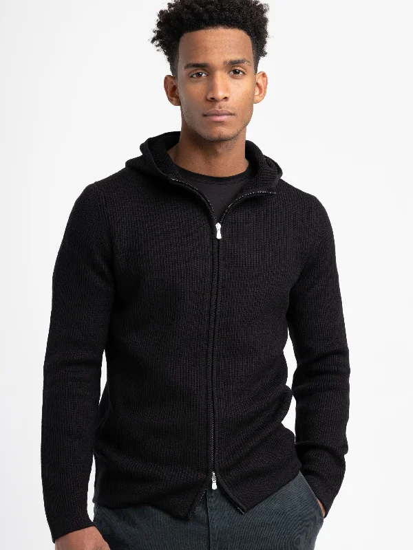 Men's Sweaters with Tailored FitsBlack Full Zip Hooded Cardigan