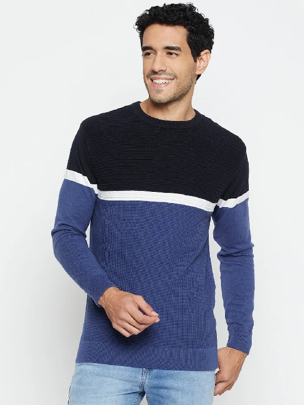 Men's Sweaters with Hidden PocketsColor Block Blue Full Sleeves Round Neck Regular Fit Casual Sweater for Men