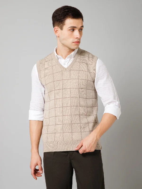 Men's Sweaters with Three-Quarter SleevesCheckered Beige Sleeveless V Neck Regular Fit Casual Sweater for Men