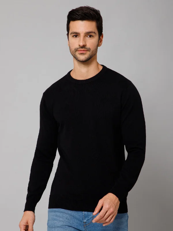 Men's Sweaters with Hoods and DrawstringsSolid Black Full Sleeves Round Neck Regular Fit Casual Sweater for Men