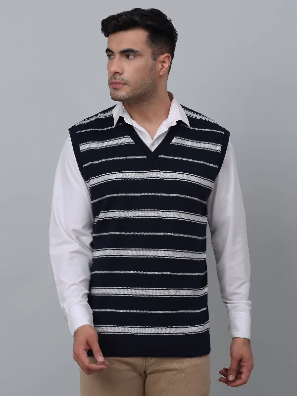 Men's Sweaters with Belt AttachmentsSolid Navy Blue Sleeveless V Neck Reversible Regular Fit Casual Sweater for Men