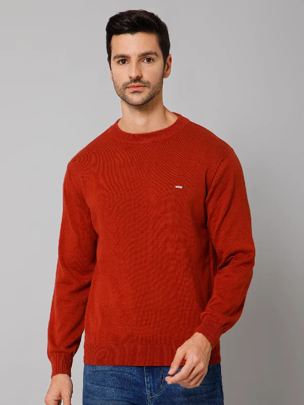 Versatile Men's Zip-Up SweatersSolid Rust Full Sleeves Round Neck Regular Fit Casual Sweater for Men