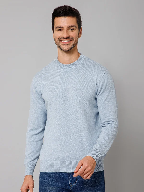 Men's Sweaters for Outdoor ActivitiesSolid Sky Blue Full Sleeves Round Neck Regular Fit Casual Sweater for Men