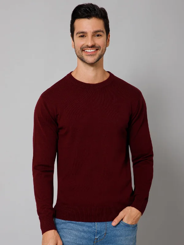 Men's Sweaters for SpringSolid Wine Full Sleeves Round Neck Regular Fit Casual Sweater for Men