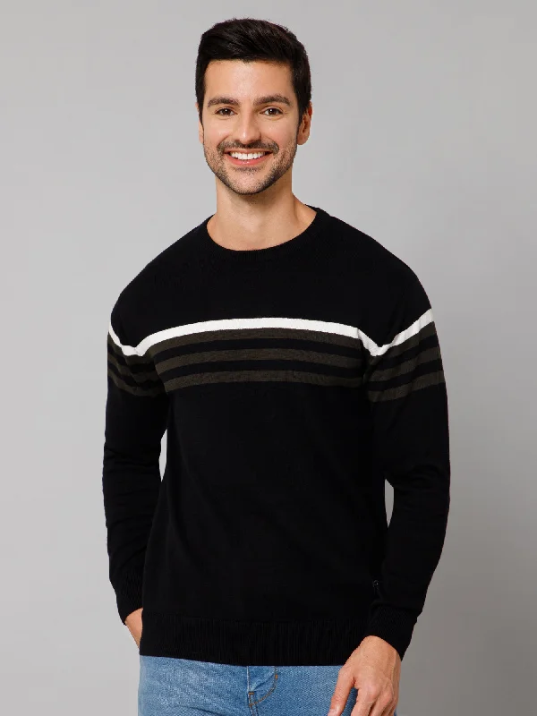 Striped Men's SweatersStripe Black Full Sleeves Round Neck Regular Fit Casual Sweater for Men